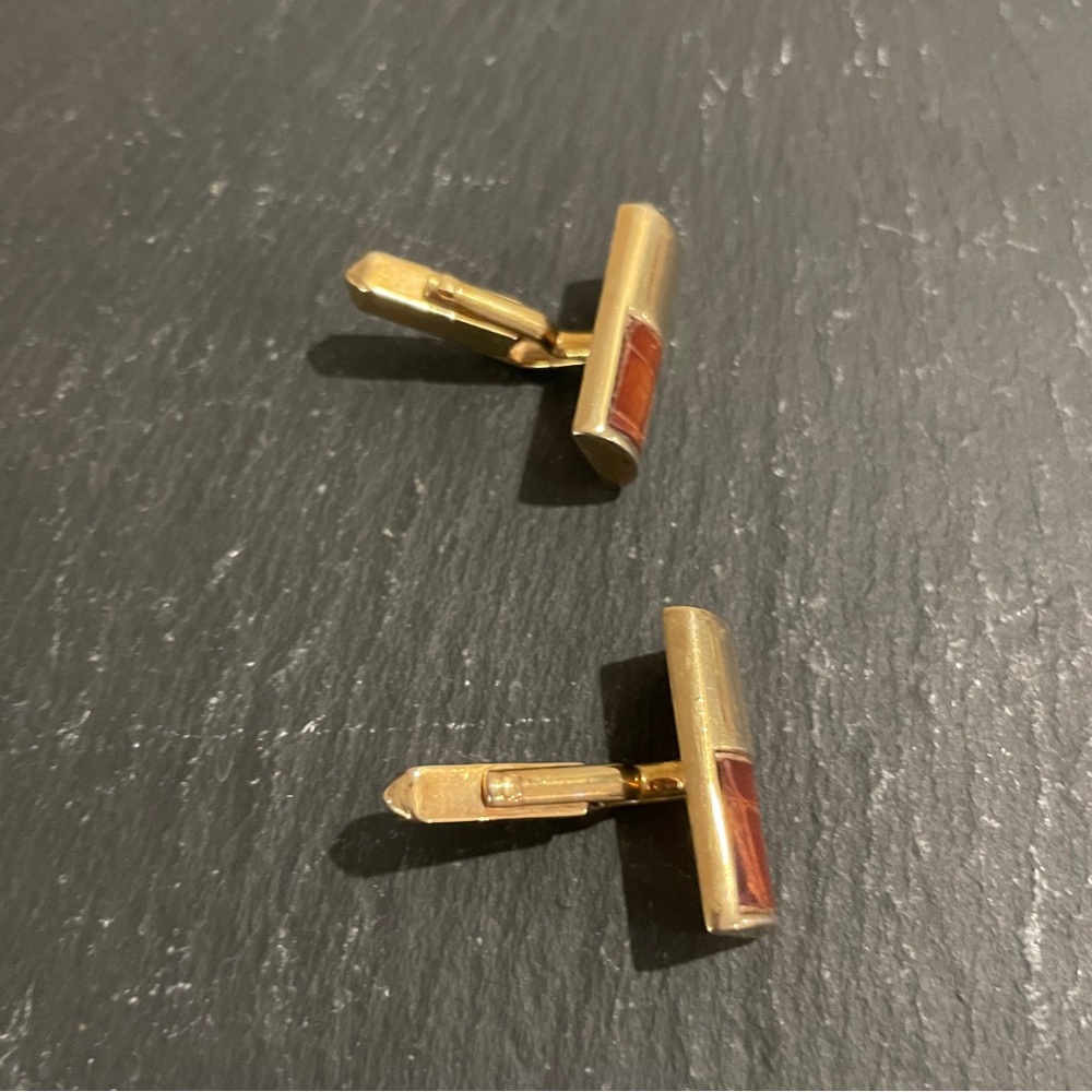 Vintage SWANK Gold Tone Cufflinks Brown Leather Inset - Picture 5 of 7